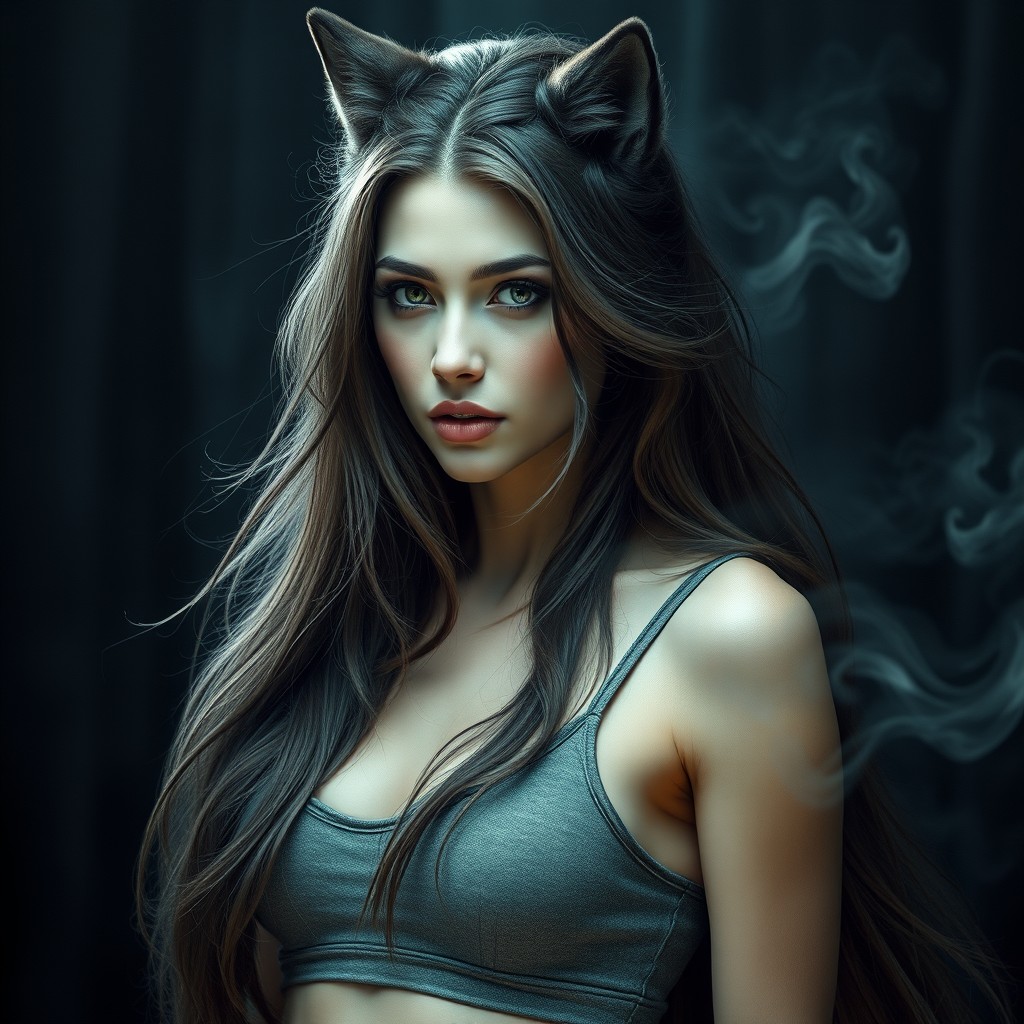 A stunning female human-wolf hybrid with dark, nordic features, exuding a hauntingly beautiful horror aesthetic