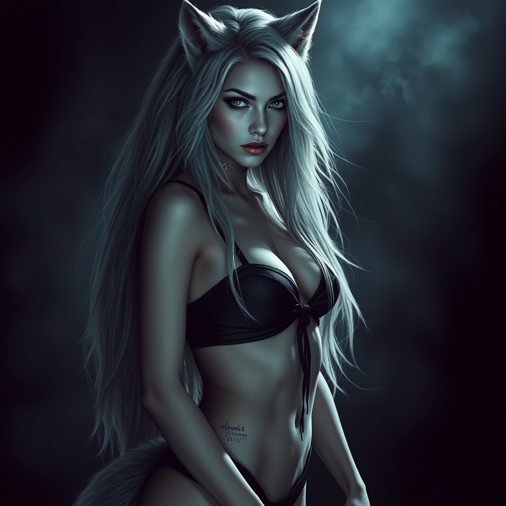 A female human-wolf hybrid characterized by a dark Nordic aesthetic