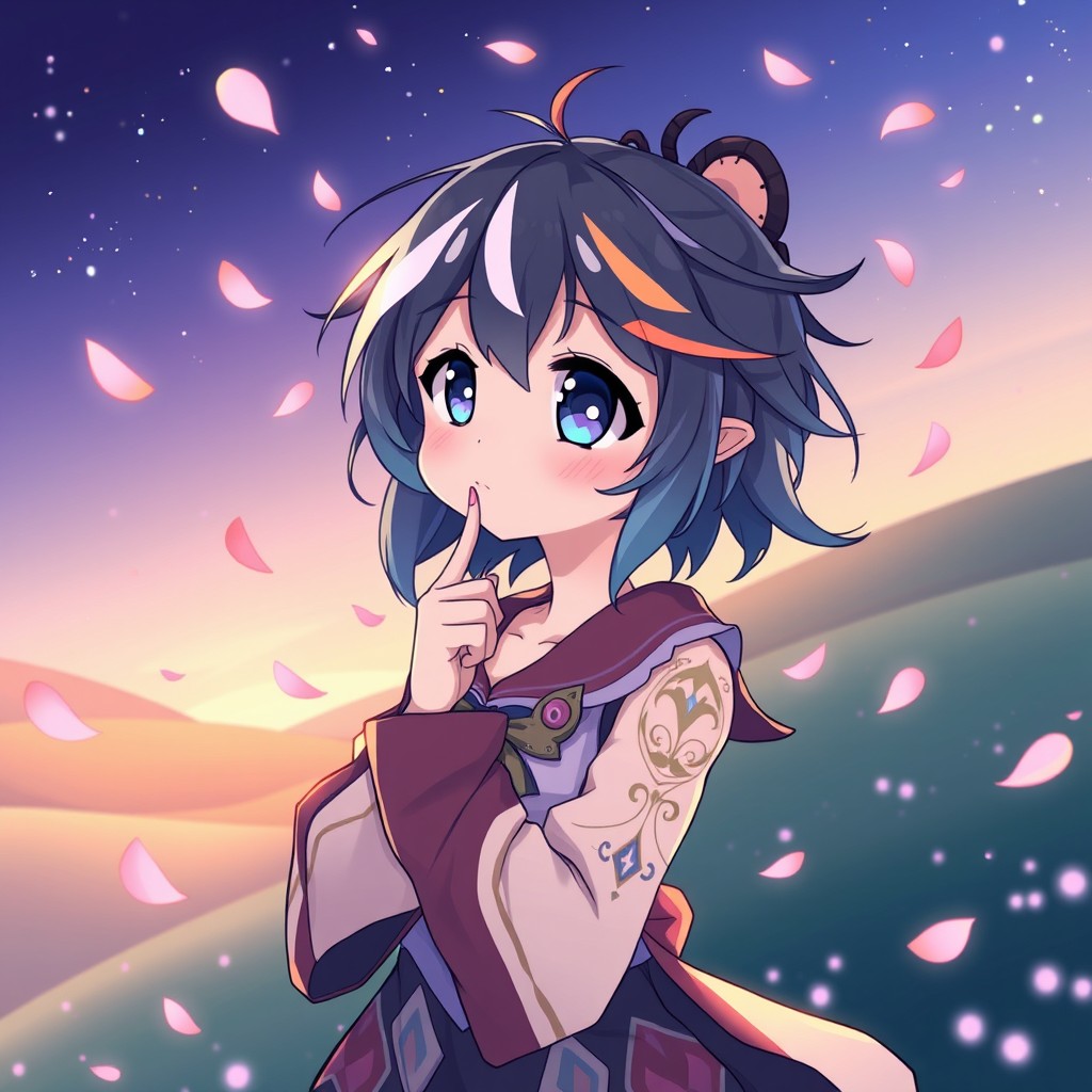 A character in a thoughtful pose, gazing into the distance as soft petals swirl around them, symbolizing introspection and creativity