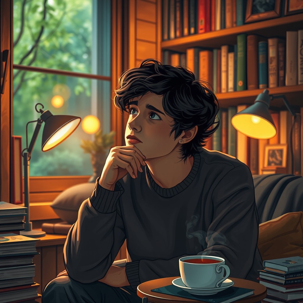 A person deep in thought, sitting in a cozy room filled with books and warm lighting