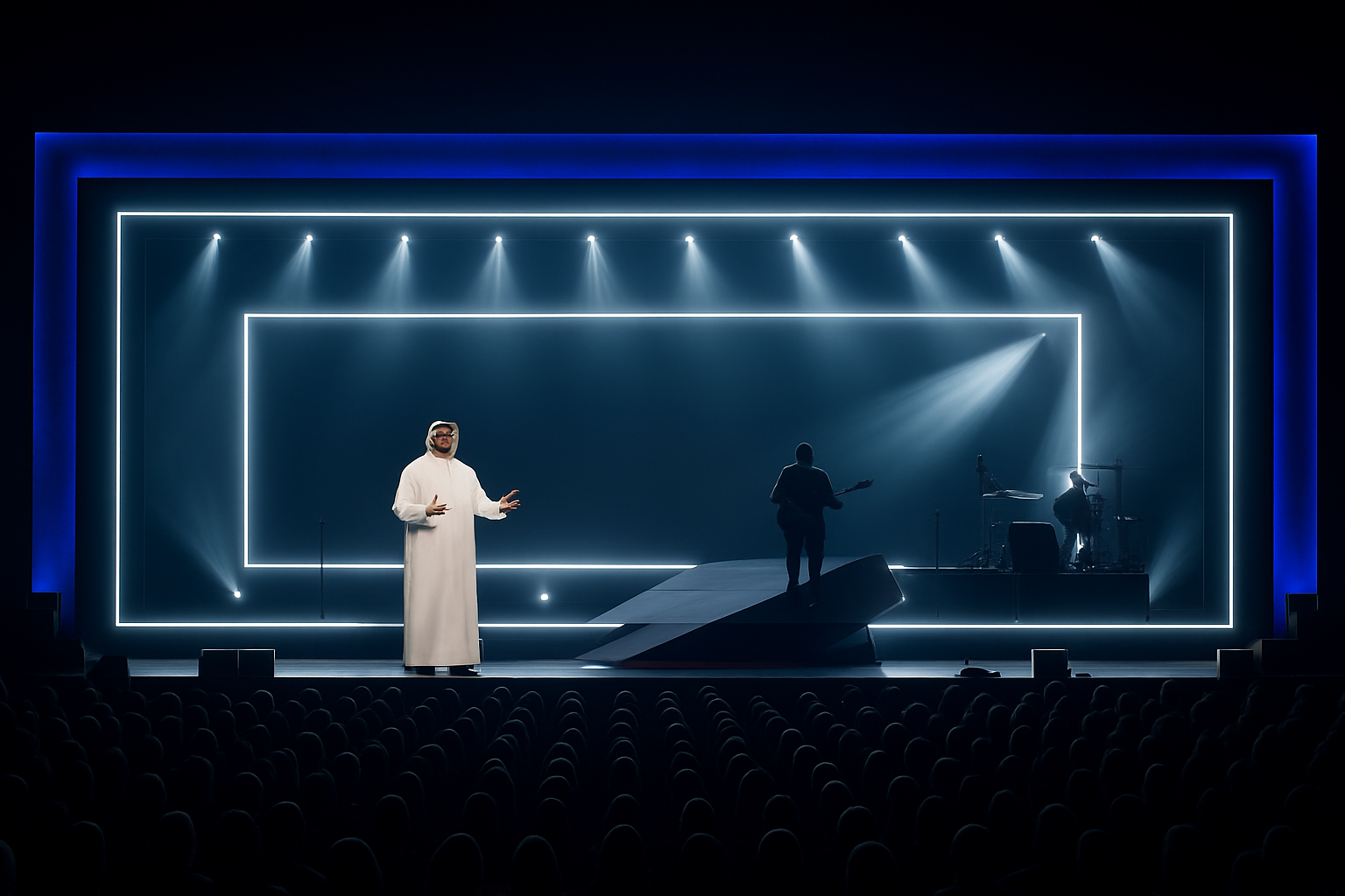 Dont change the image just add a presenter with a kuwaiti outfit white dishdasha on stage