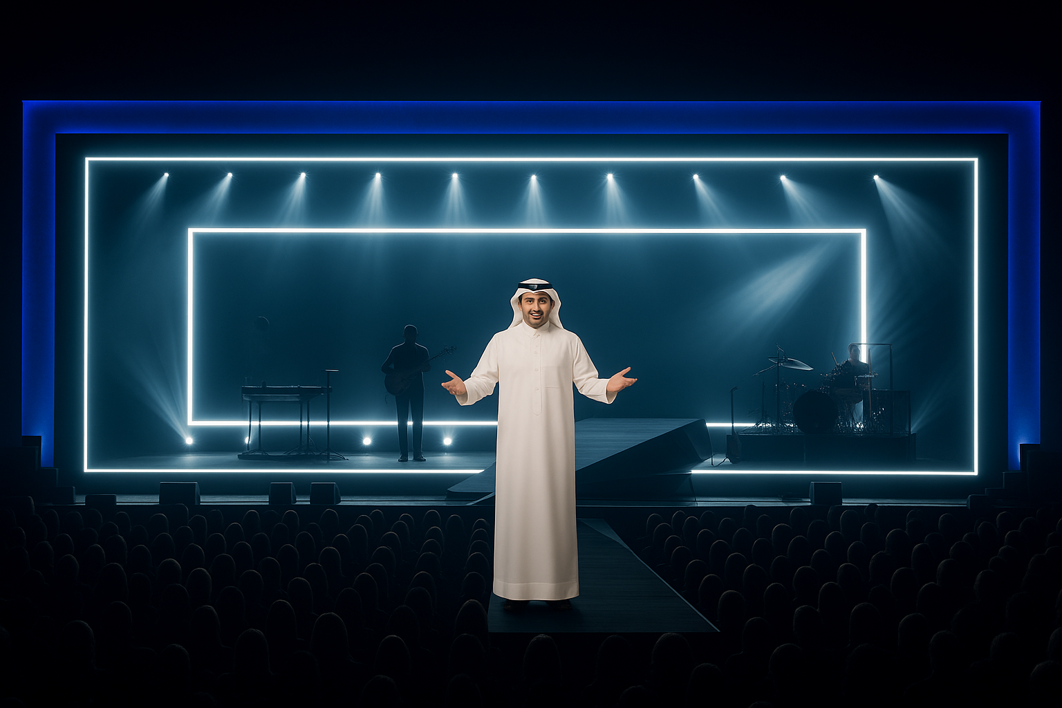 Image as is, angle as is. Add tv presenter kuwaiti not fat in kuwaiti outfit white dishdasha
