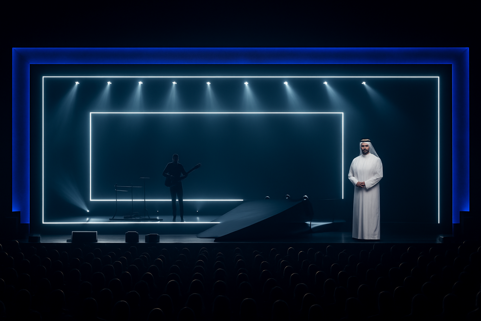 Image as is, angle as is. Add tv presenter kuwaiti not fat in kuwaiti outfit white dishdasha, make sure all outfit is correct with head piece, place him far away in the semi dark just in front of screens, not in the front level