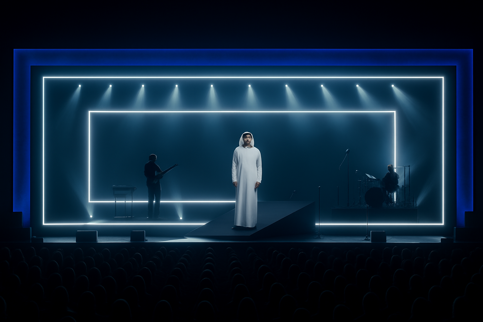 Image as is, angle as is. Add tv presenter kuwaiti not fat in kuwaiti outfit white dishdasha, make sure all outfit is correct with head piece, place him far away in the semi dark just in front of the screens, not in the front level, same size of the other person standing