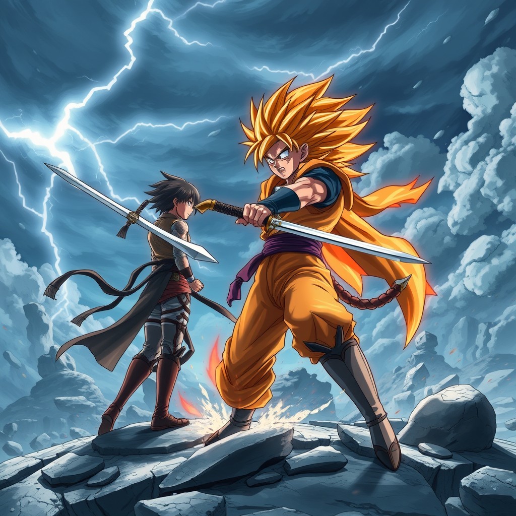 A highly detailed crossover scene featuring Sangoku from Dragon Ball battling Rivaille (Levi Ackerman) from Attack on Titan