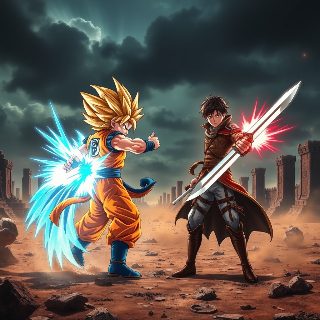 A captivating crossover battle scene between Sangoku from Dragon Ball and Rivaille (Levi Ackerman) from Attack on Titan