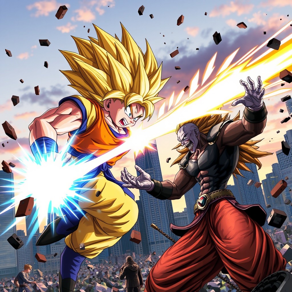 An intense battle scene featuring Sangoku from Dragon Ball facing off against Dio Brando from JoJo's Bizarre Adventure