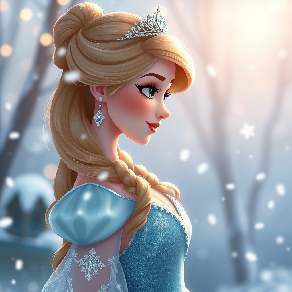 A beautiful winter princess depicted in a charming Disney style, showcasing her side profile as soft snowflakes gently fall around her