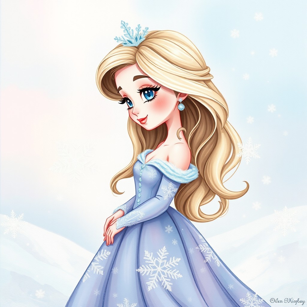 A winter princess illustrated in a charming cartoon style, showcasing an elegant side profile