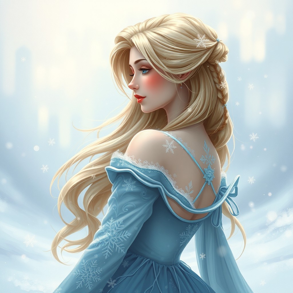 A winter princess depicted in a soft and oil paint style, showcasing a graceful side profile
