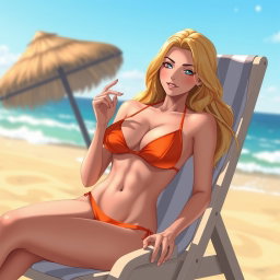 Anime-style illustration of a stunning blonde woman in her twenties with a sexy physique and prominent cleavage, wearing a vibrant orange bikini