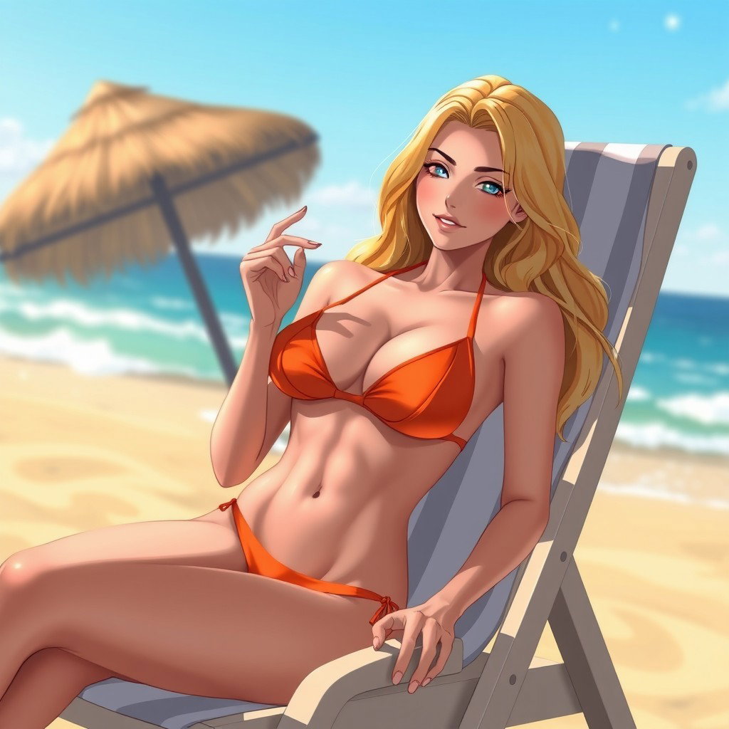 Anime-style illustration of a stunning blonde woman in her twenties with a sexy physique and prominent cleavage, wearing a vibrant orange bikini