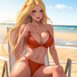 Anime-style illustration of a stunning blonde woman in her twenties with a sexy physique and prominent cleavage, wearing a vibrant orange bikini