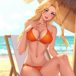 Anime-style illustration of a stunning blonde woman in her twenties with a sexy physique and prominent cleavage, wearing a vibrant orange bikini