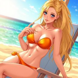 Anime-style illustration of a stunning blonde woman in her twenties with a sexy physique and prominent cleavage, wearing a vibrant orange bikini