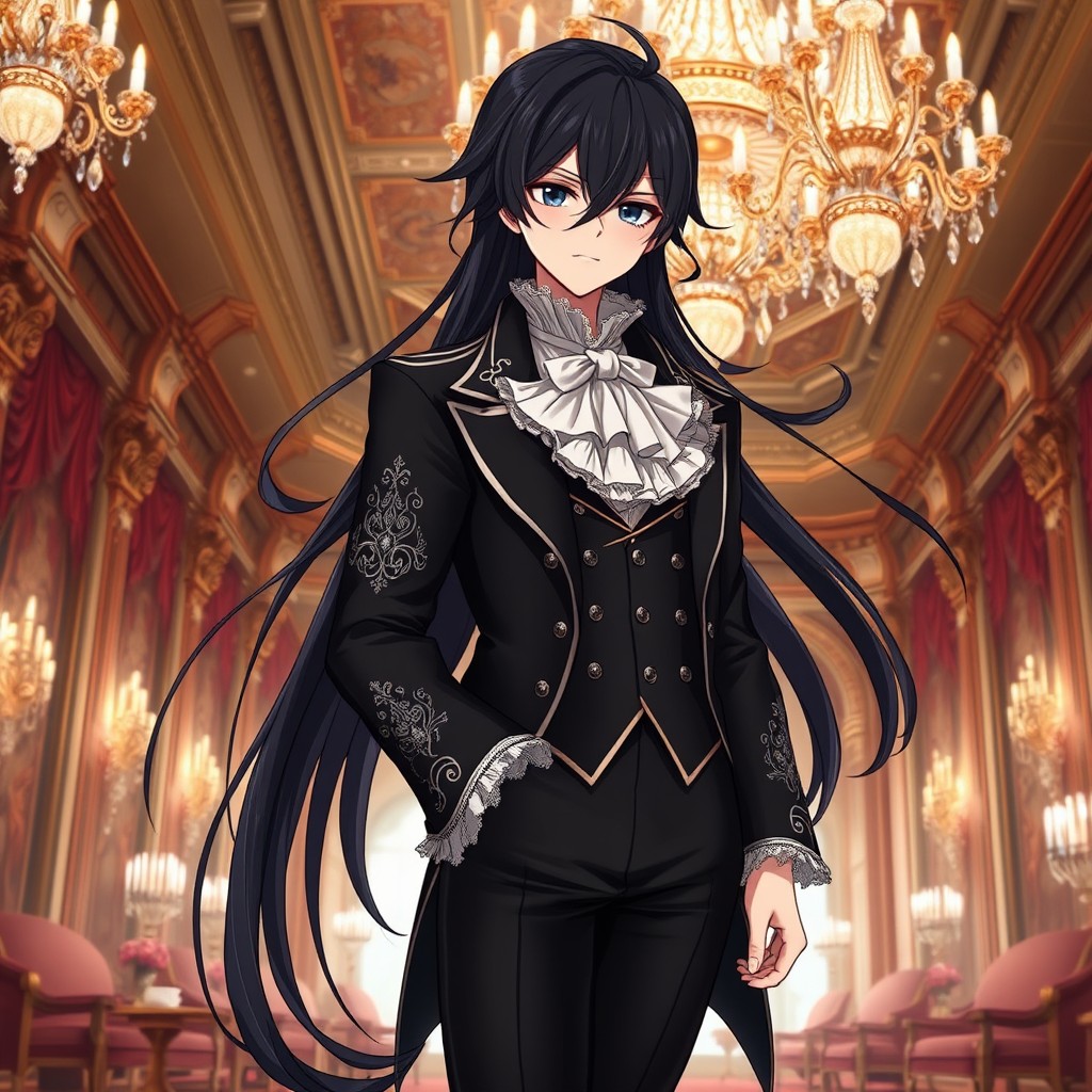 A captivating anime character with long, flowing dark hair elegantly styled, with some strands softly framing their face and cascading down their back