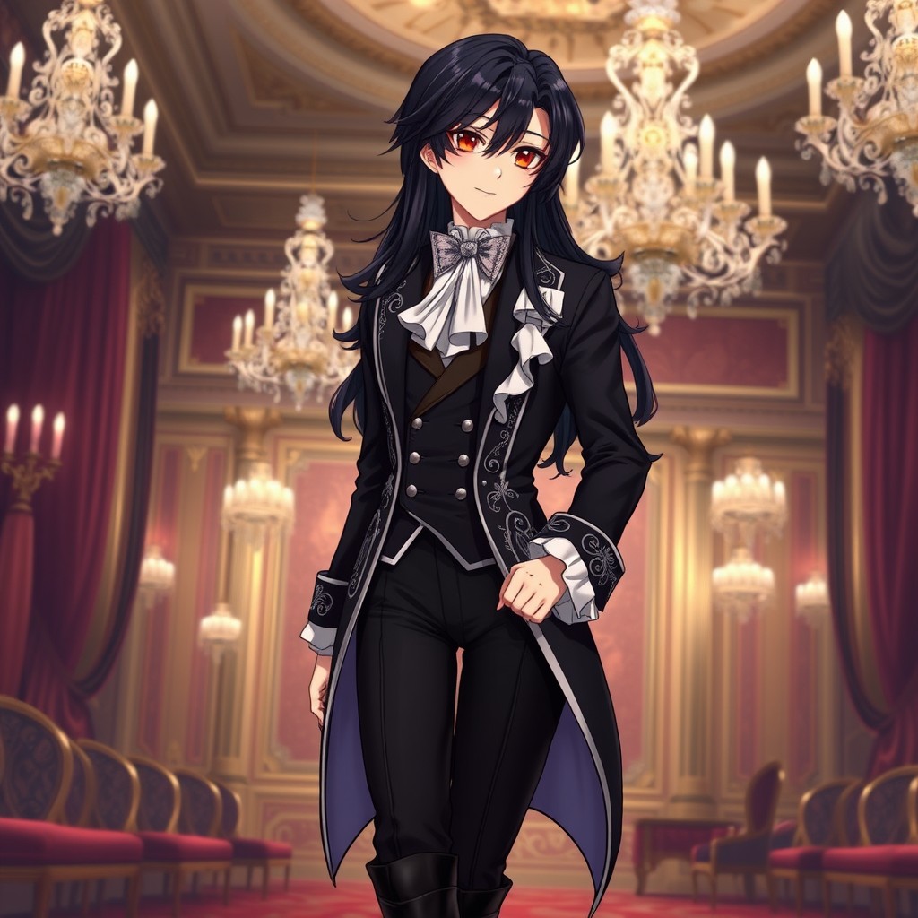 An elegant anime character with long, dark hair that flows gracefully down their back, styled with refined curls framing their face