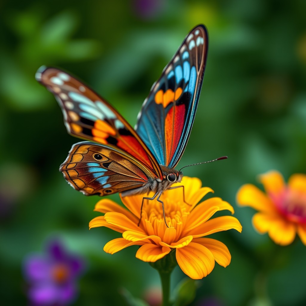 A stunningly detailed close-up of a butterfly with vibrant patterns and iridescent colors, perched delicately on a colorful flower