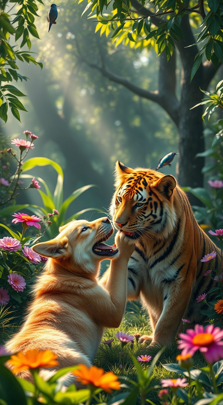A majestic scene featuring a big cat, such as a lion or tiger, playfully interacting with a friendly dog in a lush, vibrant jungle environment