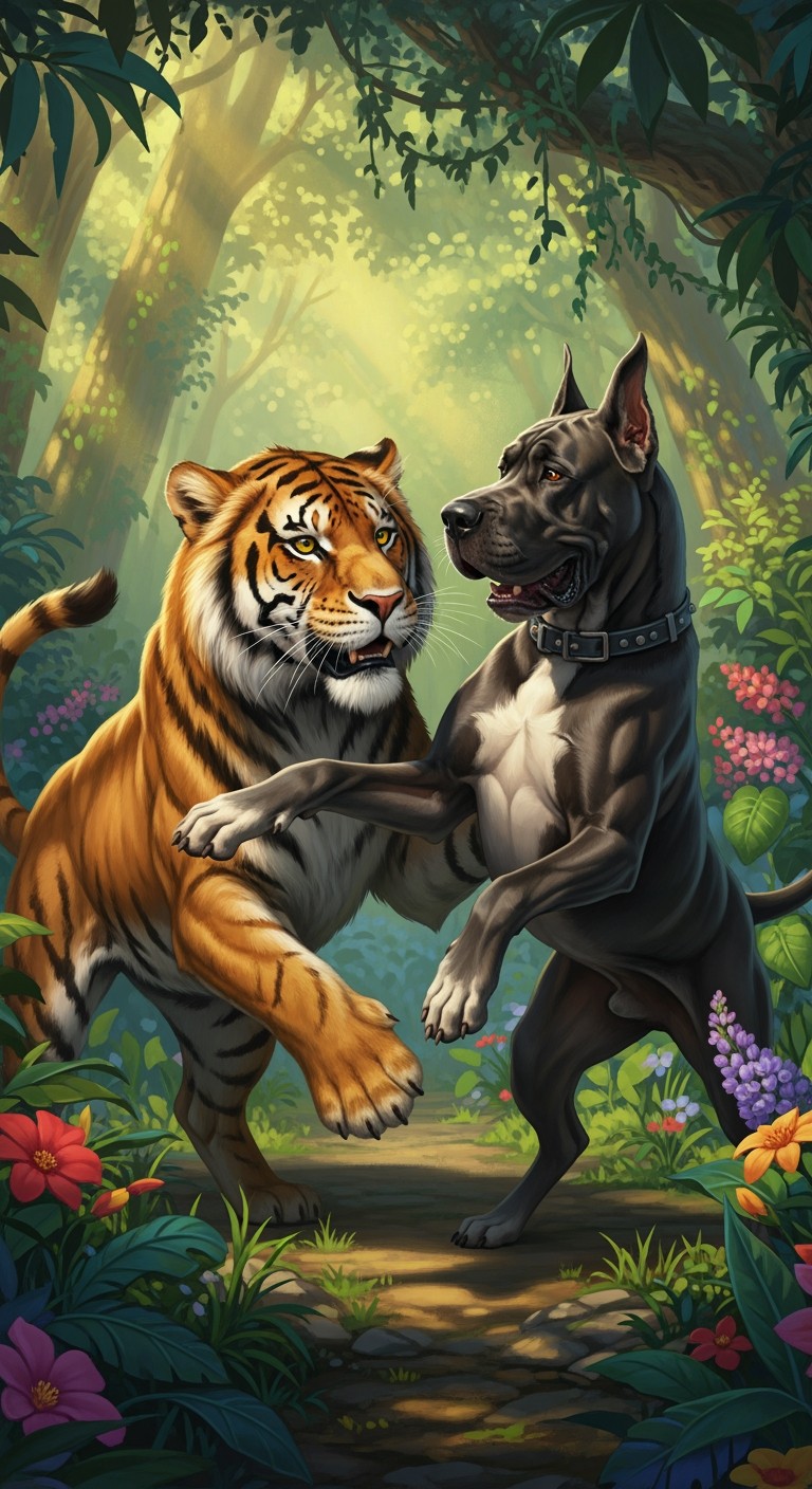 A majestic scene featuring a big cat, such as a lion or tiger, playfully interacting with a larger, friendly dog, like a Great Dane or Mastiff, in a lush, vibrant jungle environment