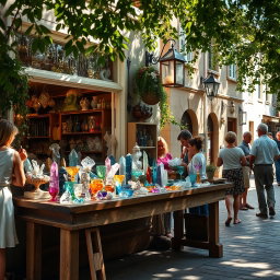 A charming crystal shop located on a quaint old street, filled with people browsing and shopping for beautiful crystals