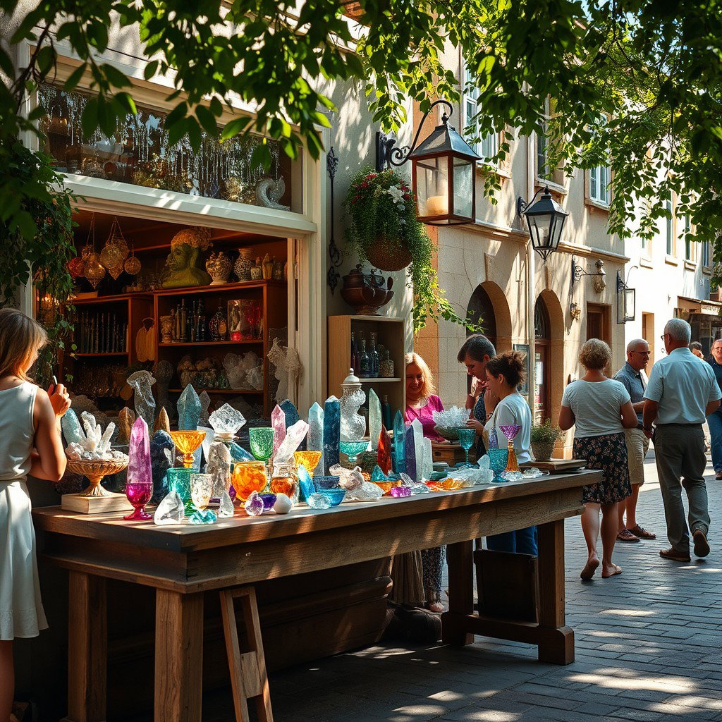A charming crystal shop located on a quaint old street, filled with people browsing and shopping for beautiful crystals