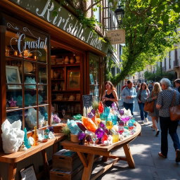 A charming crystal shop located on a quaint old street, filled with people browsing and shopping for beautiful crystals