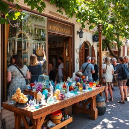 A charming crystal shop located on a quaint old street, filled with people browsing and shopping for beautiful crystals
