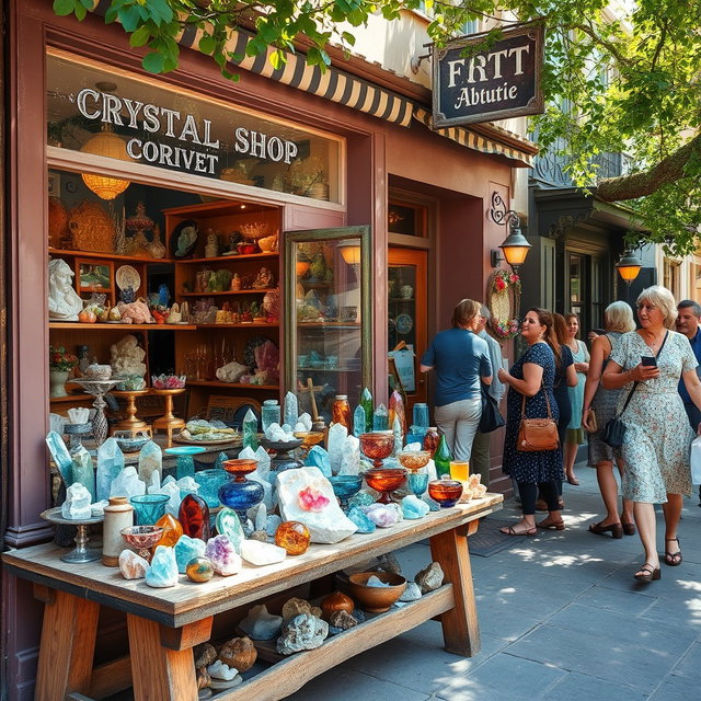 A charming crystal shop located on a quaint old street, filled with people browsing and shopping for beautiful crystals