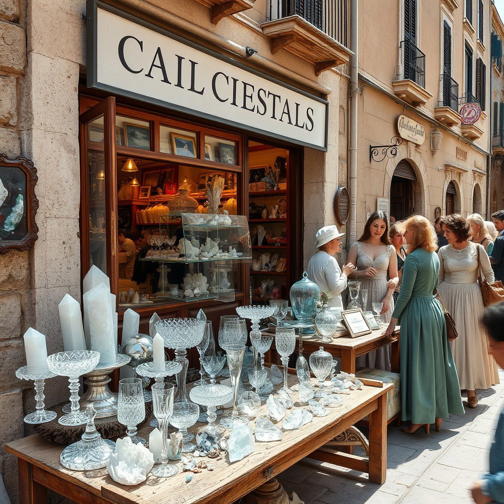 A charming crystal shop nestled in an old street of Marco, bustling with people eager to buy beautiful crystals