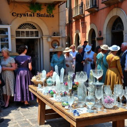 A charming crystal shop nestled in an old street of Marco, bustling with people eager to buy beautiful crystals