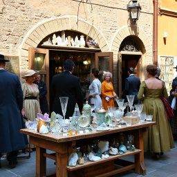 A charming crystal shop nestled in an old street of Marco, bustling with people eager to buy beautiful crystals