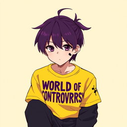 An anime boy with striking dark purple hair styled in a small ponytail, with the tips transitioning to a light purpur shade that adds a captivating dimension to his hairstyle