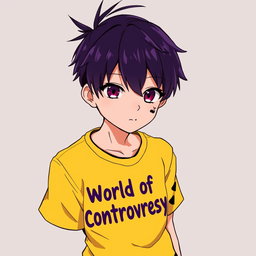 An anime boy with striking dark purple hair styled in a small ponytail, with the tips transitioning to a light purpur shade that adds a captivating dimension to his hairstyle