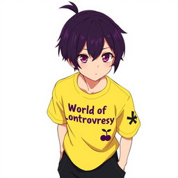 An anime boy with striking dark purple hair styled in a small ponytail, with the tips transitioning to a light purpur shade that adds a captivating dimension to his hairstyle
