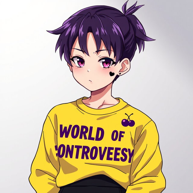 An anime boy with striking dark purple hair styled in a small ponytail, with the tips transitioning to a light purpur shade that adds a captivating dimension to his hairstyle