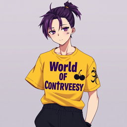 An anime guy with striking dark purple hair styled in a ponytail, with the tips transitioning to a light purpur shade that adds an eye-catching flair