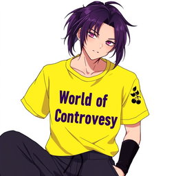 An anime guy with striking dark purple hair styled in a ponytail, with the tips transitioning to a light purpur shade that adds an eye-catching flair