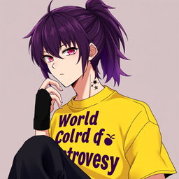 An anime guy with striking dark purple hair styled in a ponytail, with the tips transitioning to a light purpur shade that adds an eye-catching flair
