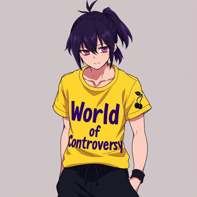 An anime guy with striking dark purple hair styled in a ponytail, with the tips transitioning to a light purpur shade that adds an eye-catching flair