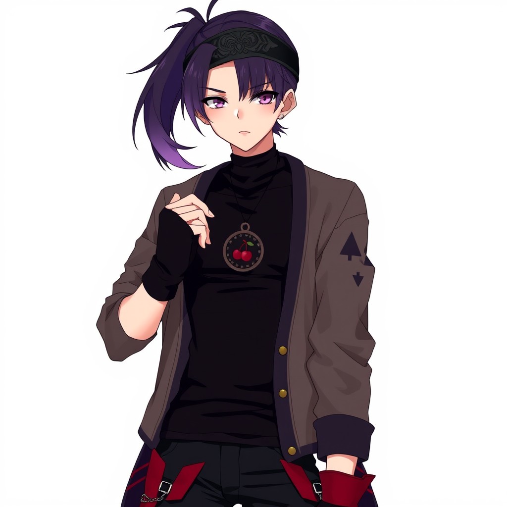 An anime guy with striking dark purple hair styled in a ponytail, with the tips transitioning to a light purple shade that adds a unique flair