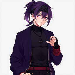 An anime guy with striking dark purple hair styled in a ponytail, with the tips transitioning to a light purple shade that adds a unique flair