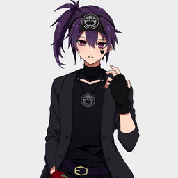 An anime guy with striking dark purple hair styled in a ponytail, with the tips transitioning to a light purple shade that adds a unique flair