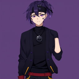 An anime guy with striking dark purple hair styled in a ponytail, with the tips transitioning to a light purple shade that adds a unique flair