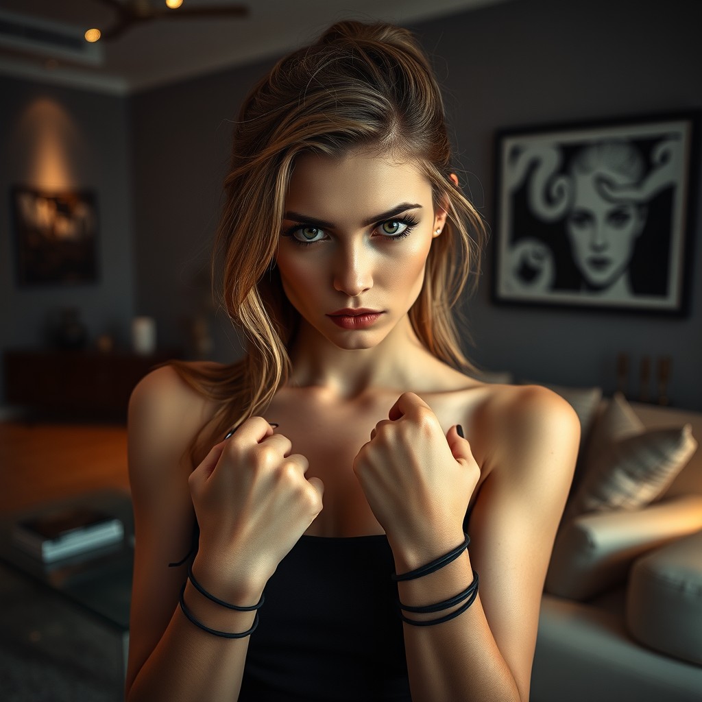A young woman with a sadistic expression standing in a stylish living room