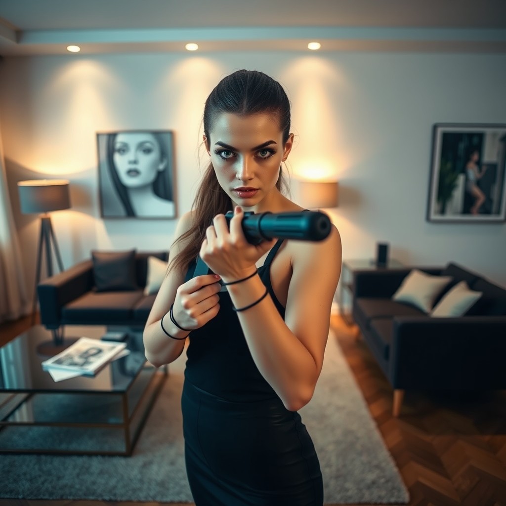 A young woman with a sadistic expression standing in a stylish living room, holding an object that she could use to strike