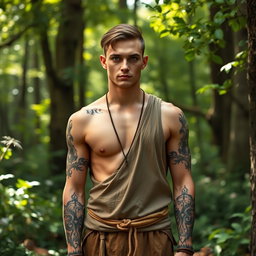 A slender, athletic human man stands confidently, dressed in earthy druid attire made of soft, natural fabrics that blend well with a forest backdrop