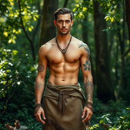 A slender, athletic human man stands confidently, dressed in earthy druid attire made of soft, natural fabrics that blend well with a forest backdrop