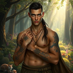 A slender, athletic human man in a fantasy setting wears elegant druid attire crafted from natural materials that flow gracefully around him