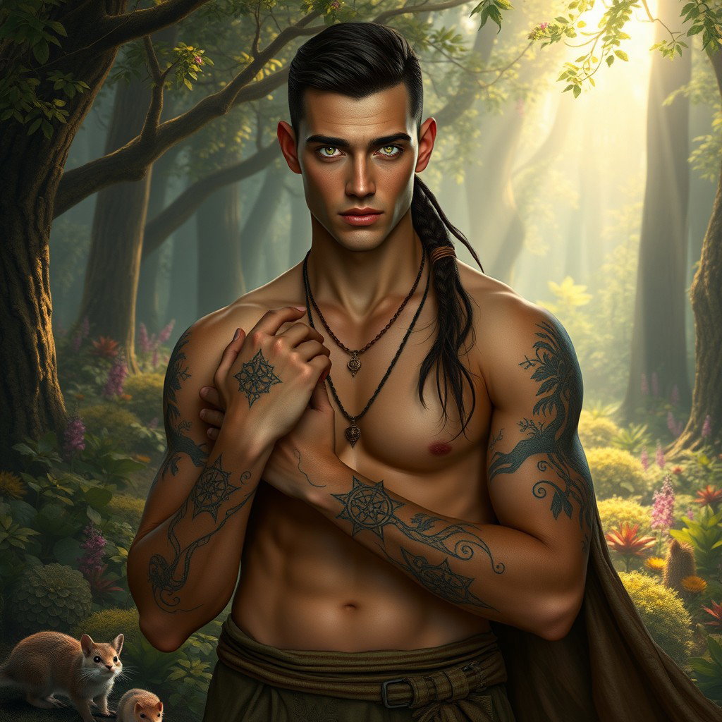 A slender, athletic human man in a fantasy setting wears elegant druid attire crafted from natural materials that flow gracefully around him
